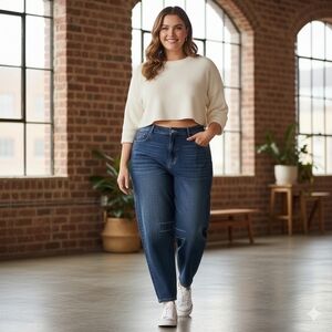 High-Rise Balloon Barrel Leg Jeans - Dark Wash Indigo - Size 32